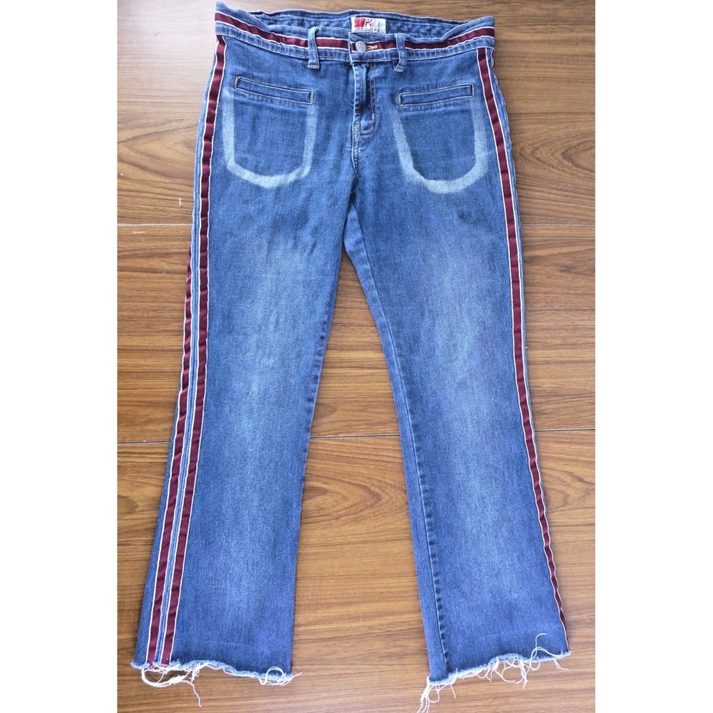 RARE Vintage Iconic Y2K Respect Womens Denim Jeans Wide Leg Side Stripes Raw Hem